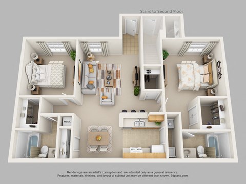 Floor plan for 2 beds, 2 baths, 990 sqft